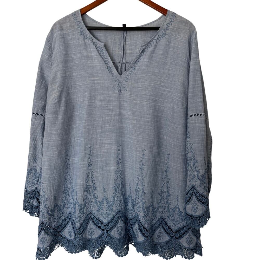 NYDJ Light‎ Blue Chambray Embroidered Blouse Size XL